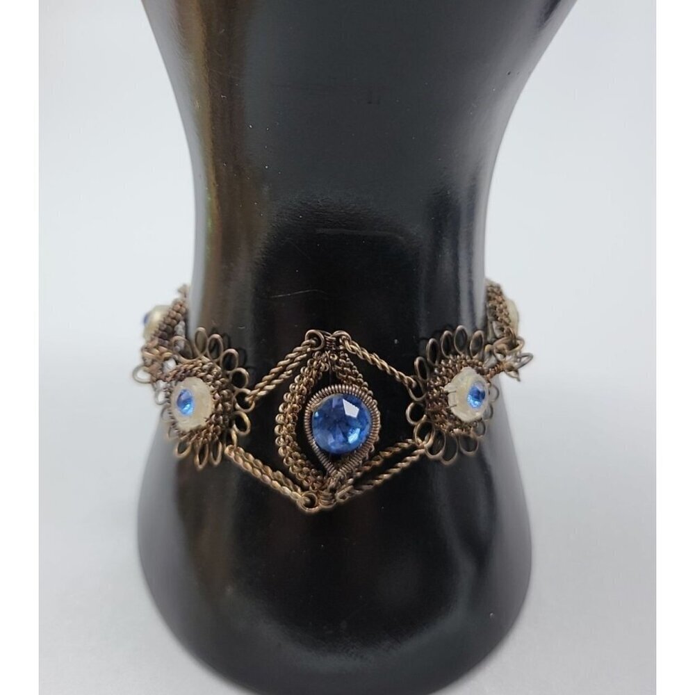Silesia Iron Wirework Bracelet Blue Czech Glass Rhinestones Size 6.5 Antique